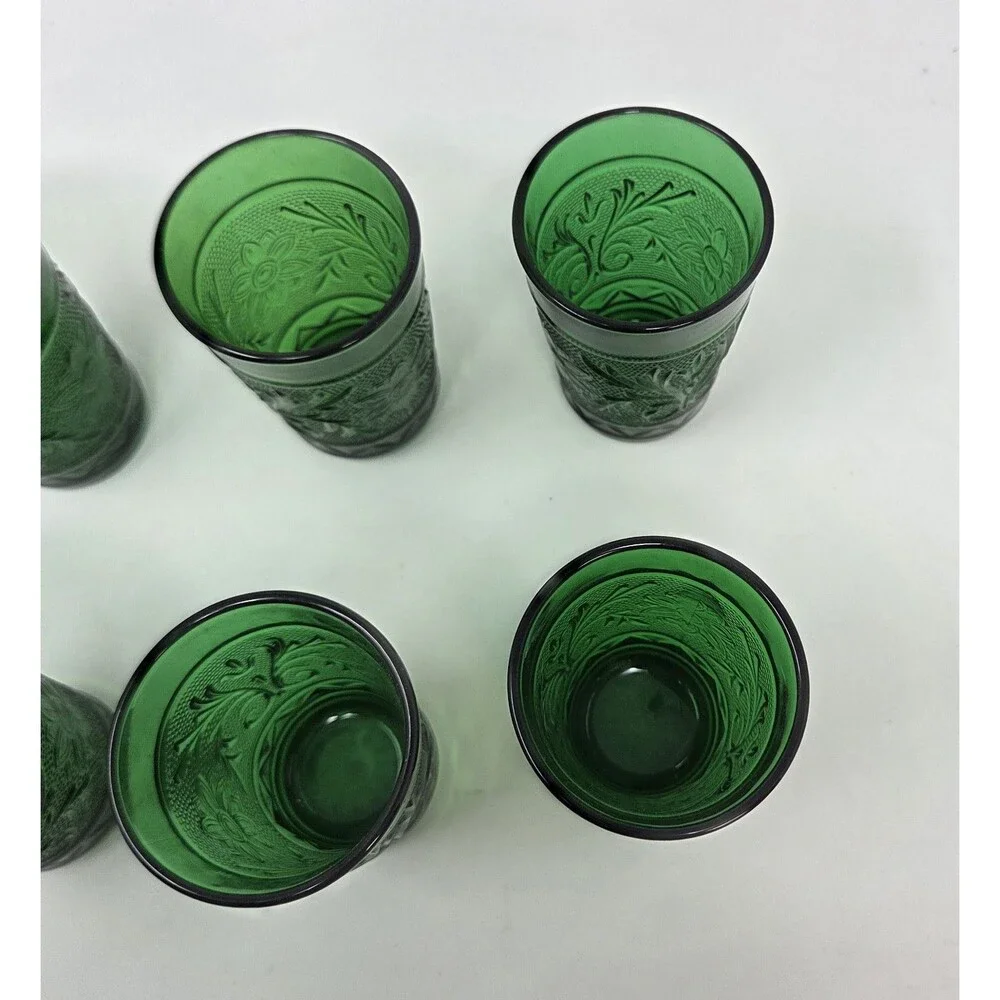 Anchor Hocking Sandwich Forest Green Juice Tumblers Set 6 Vintage Pressed Glass